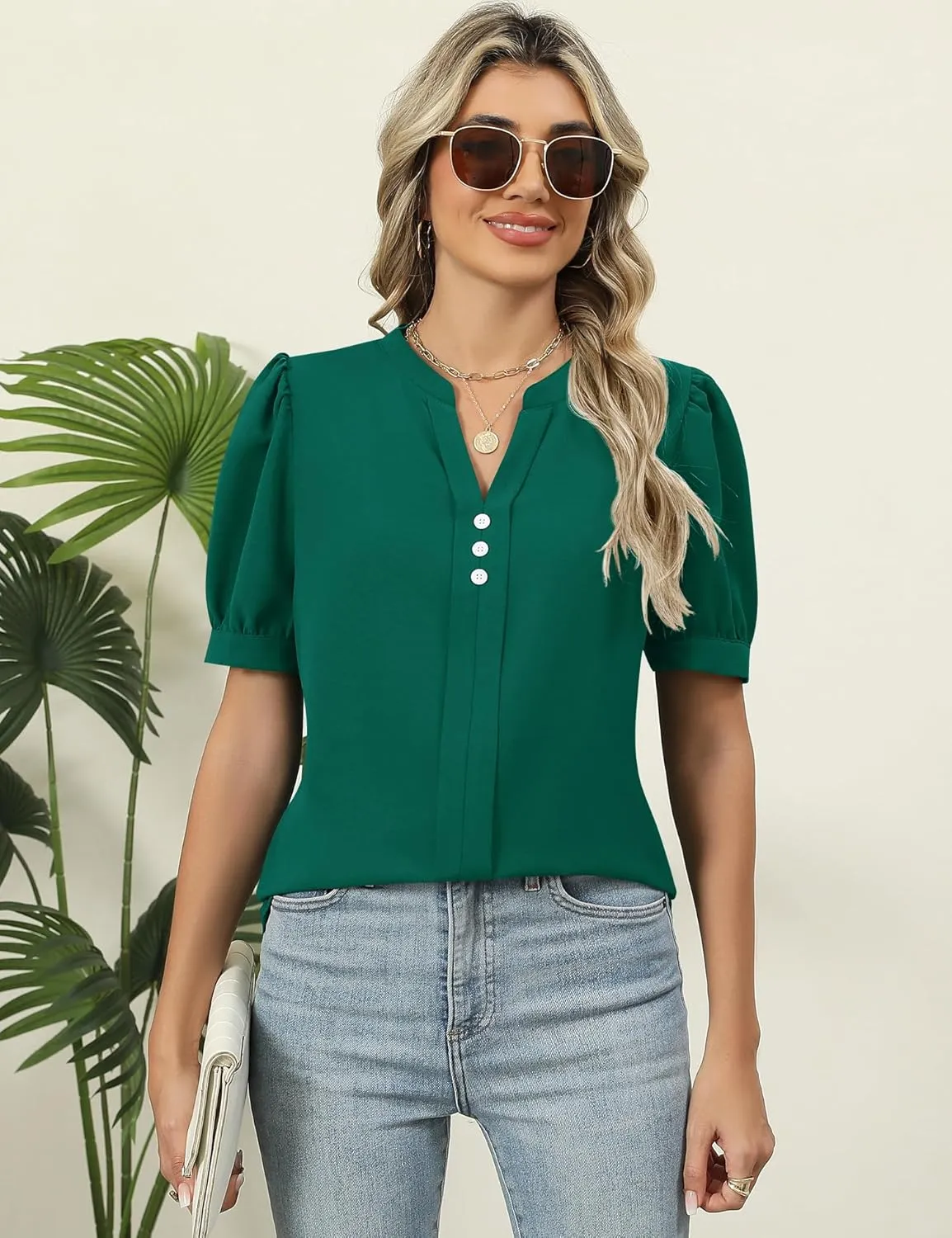 Kistore Womens Tops Dressy Casual Summer Chiffon Blouses V Neck Puff Sleeve Shirts Work Tops