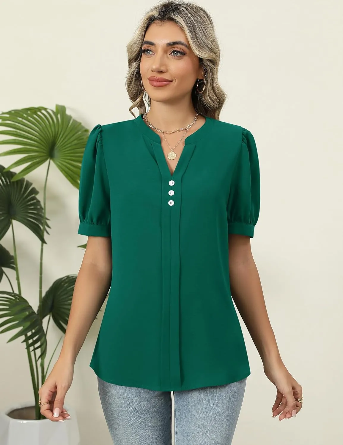 Kistore Womens Tops Dressy Casual Summer Chiffon Blouses V Neck Puff Sleeve Shirts Work Tops