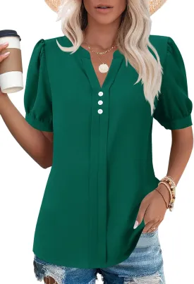 Kistore Womens Tops Dressy Casual Summer Chiffon Blouses V Neck Puff Sleeve Shirts Work Tops