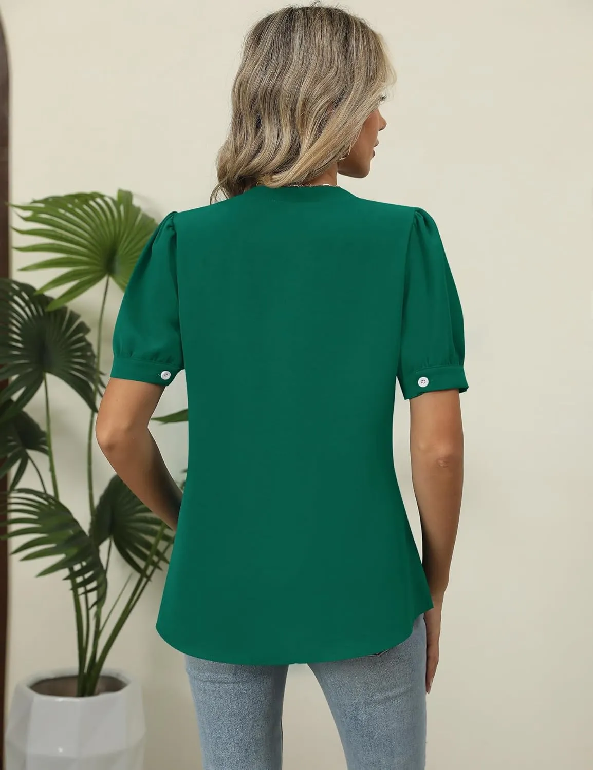 Kistore Womens Tops Dressy Casual Summer Chiffon Blouses V Neck Puff Sleeve Shirts Work Tops