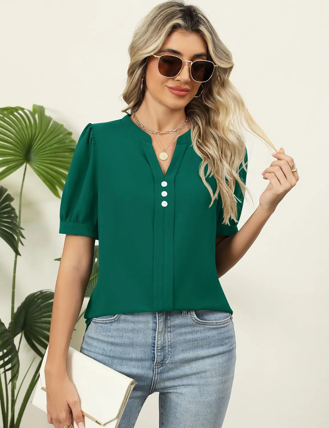 Kistore Womens Tops Dressy Casual Summer Chiffon Blouses V Neck Puff Sleeve Shirts Work Tops