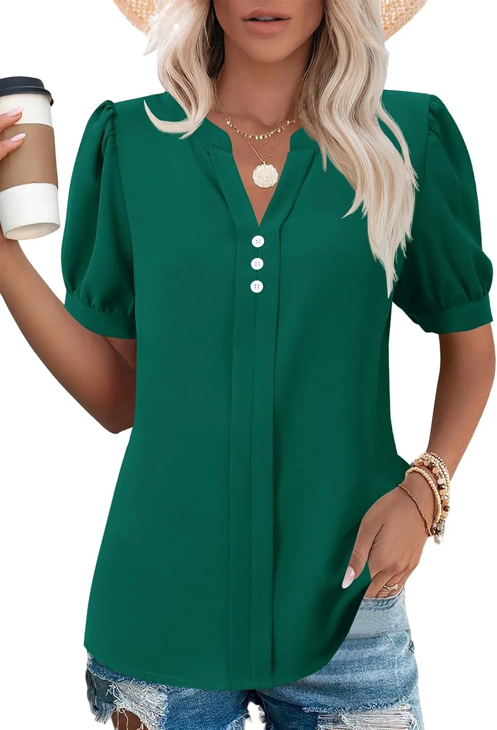 Kistore Womens Tops Dressy Casual Summer Chiffon Blouses V Neck Puff Sleeve Shirts Work Tops