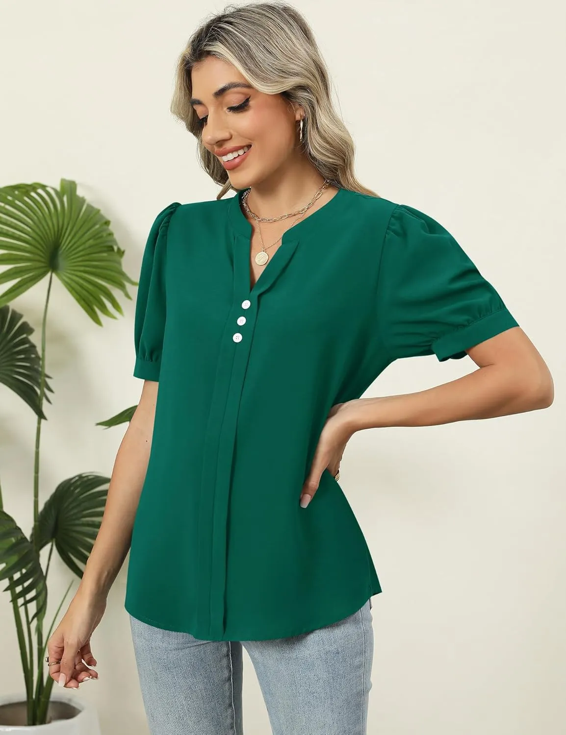 Kistore Womens Tops Dressy Casual Summer Chiffon Blouses V Neck Puff Sleeve Shirts Work Tops