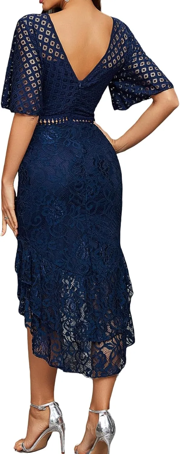 Lace Dress for Women Sexy Backless Midi Bodycon Dress Slim Fitted Cocktail Party Fishtail Dress