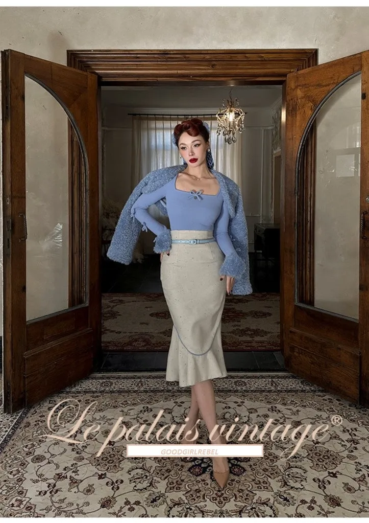Le Palais Vintage 1940 Elegant tweed waist jacket fishtail skirt - snow flake