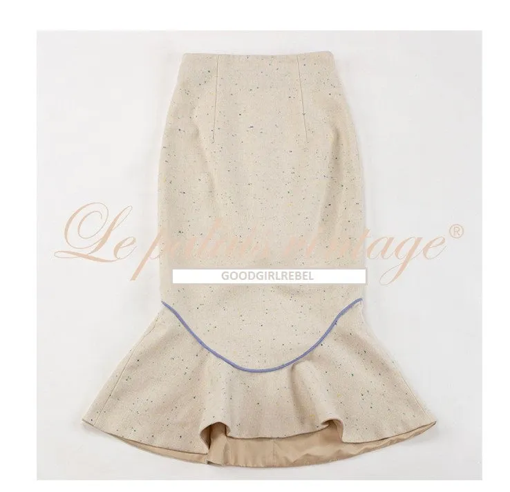 Le Palais Vintage 1940 Elegant tweed waist jacket fishtail skirt - snow flake