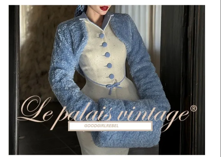 Le Palais Vintage 1940 Elegant tweed waist jacket fishtail skirt - snow flake