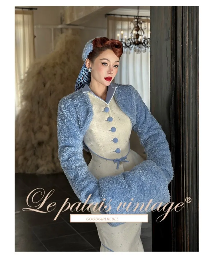 Le Palais Vintage 1940 Elegant tweed waist jacket fishtail skirt - snow flake
