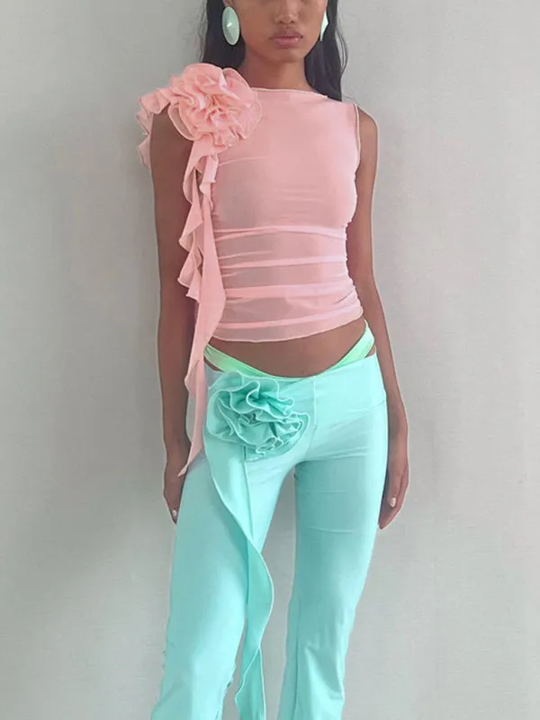 Lenora New Fashion Round Neck Three-Dimensional Flower See-Through Mesh Slim Fit T-Shirt