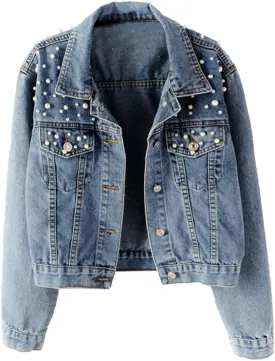 LifeShe Women's Embroidered Pearl Denim Jean Jacket Coat