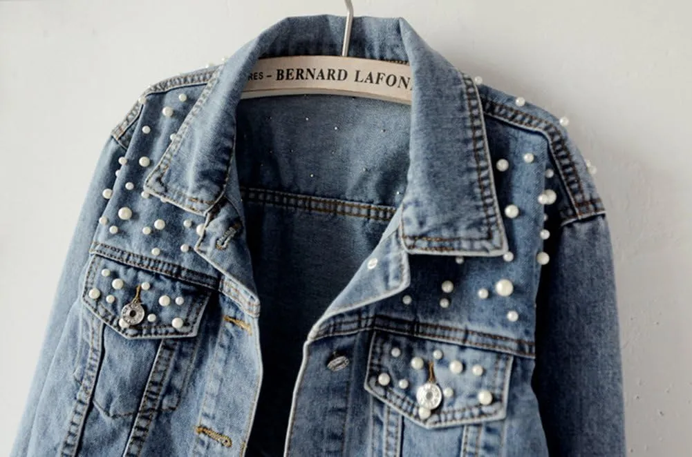 LifeShe Women's Embroidered Pearl Denim Jean Jacket Coat
