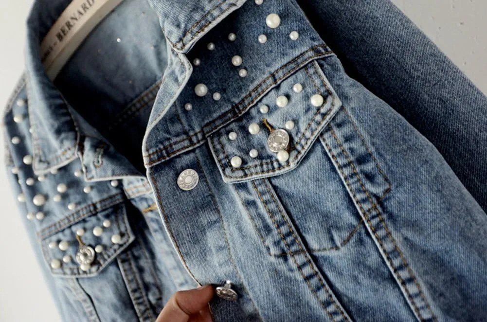 LifeShe Women's Embroidered Pearl Denim Jean Jacket Coat