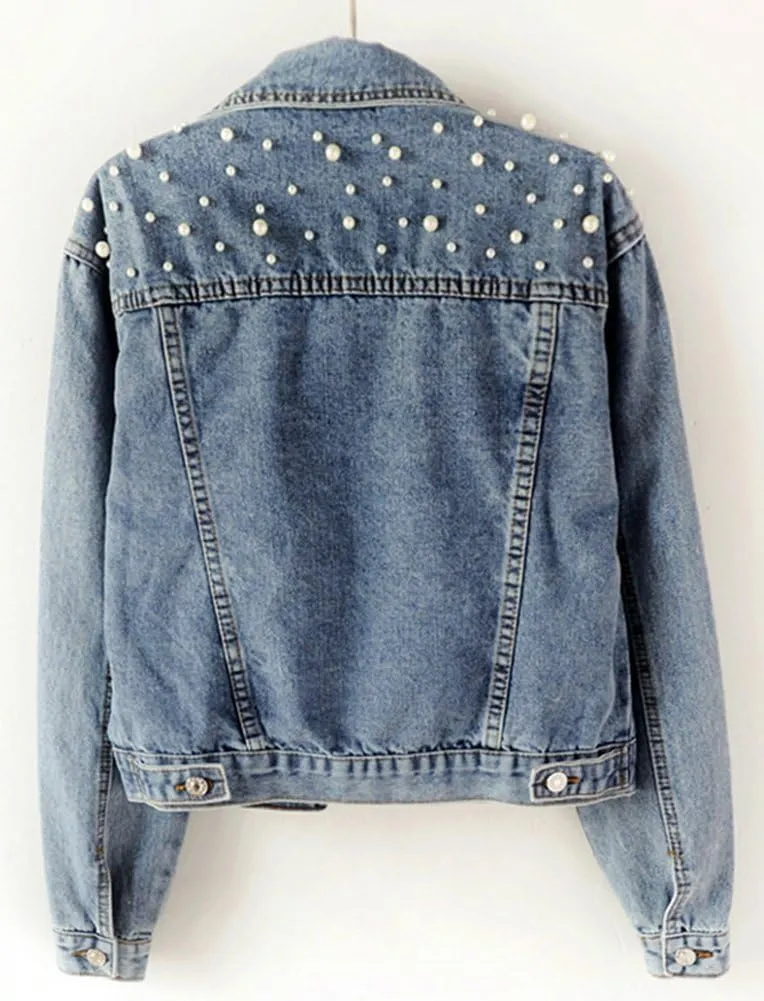 LifeShe Women's Embroidered Pearl Denim Jean Jacket Coat