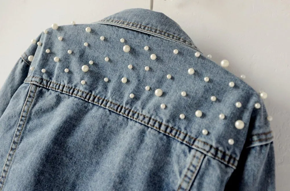 LifeShe Women's Embroidered Pearl Denim Jean Jacket Coat