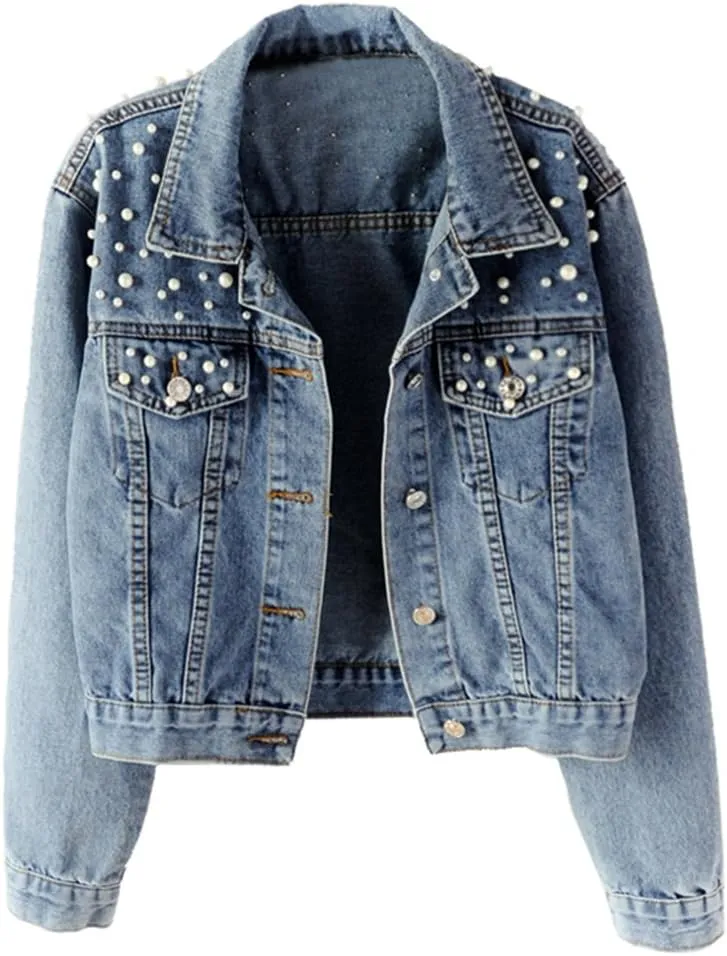LifeShe Women's Embroidered Pearl Denim Jean Jacket Coat