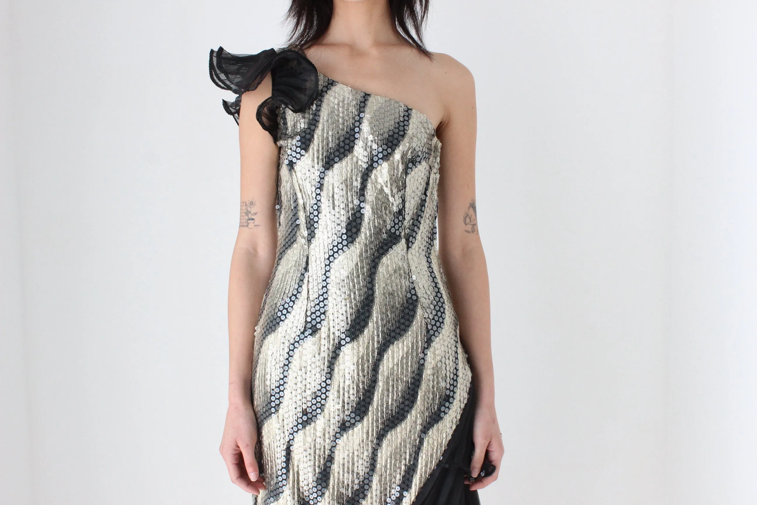 Maximalist 80s Sequin & Pleat Asymmetric Party Dress by Mr. K