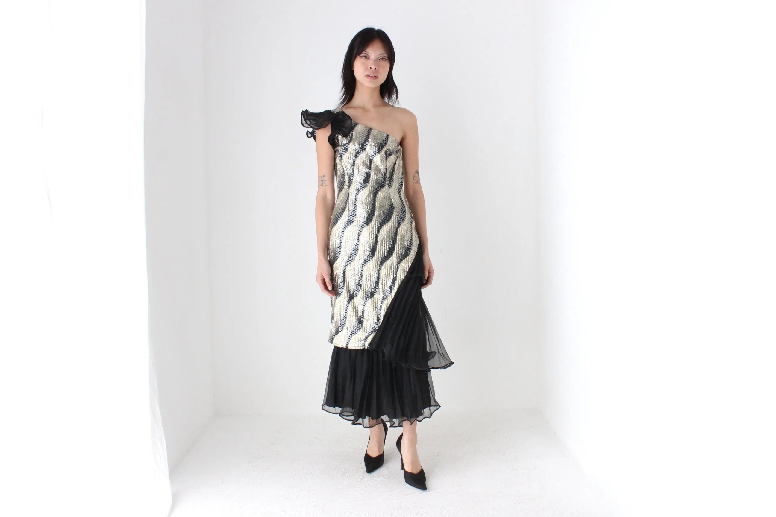 Maximalist 80s Sequin & Pleat Asymmetric Party Dress by Mr. K
