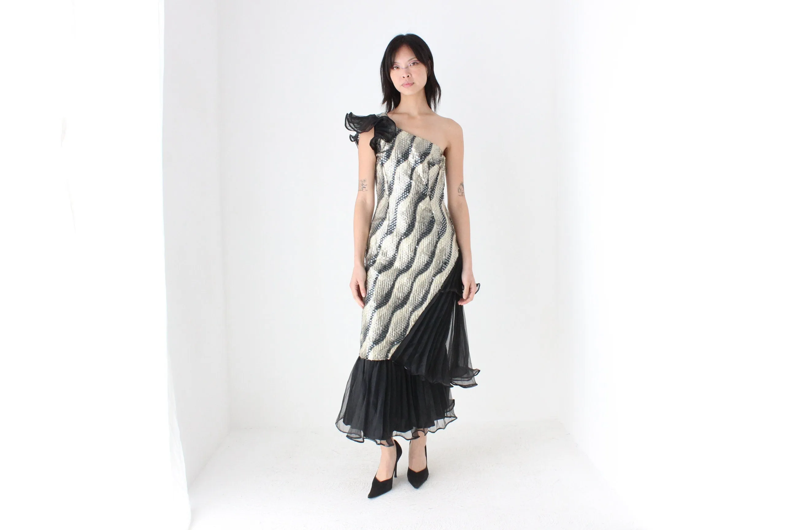 Maximalist 80s Sequin & Pleat Asymmetric Party Dress by Mr. K