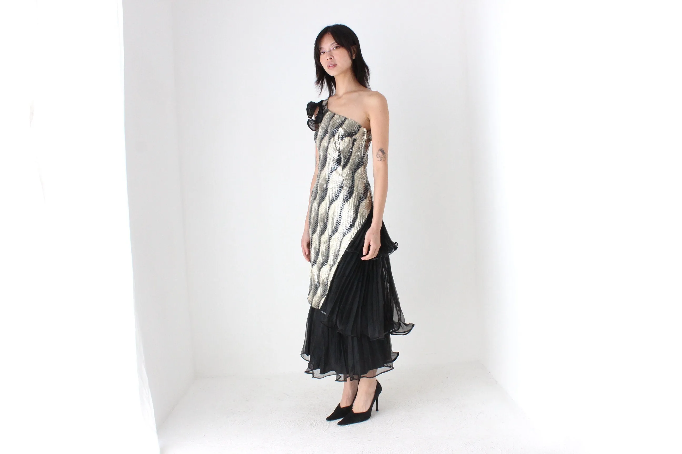 Maximalist 80s Sequin & Pleat Asymmetric Party Dress by Mr. K