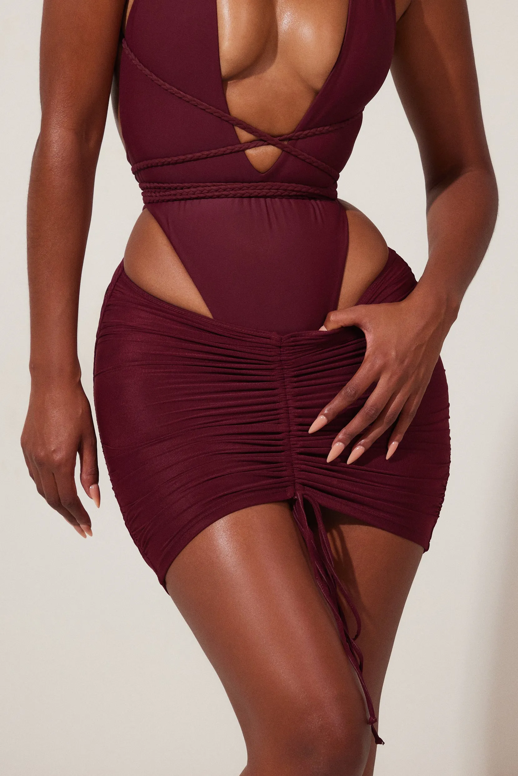 Mesh Ruched Coverup Skirt - Wine