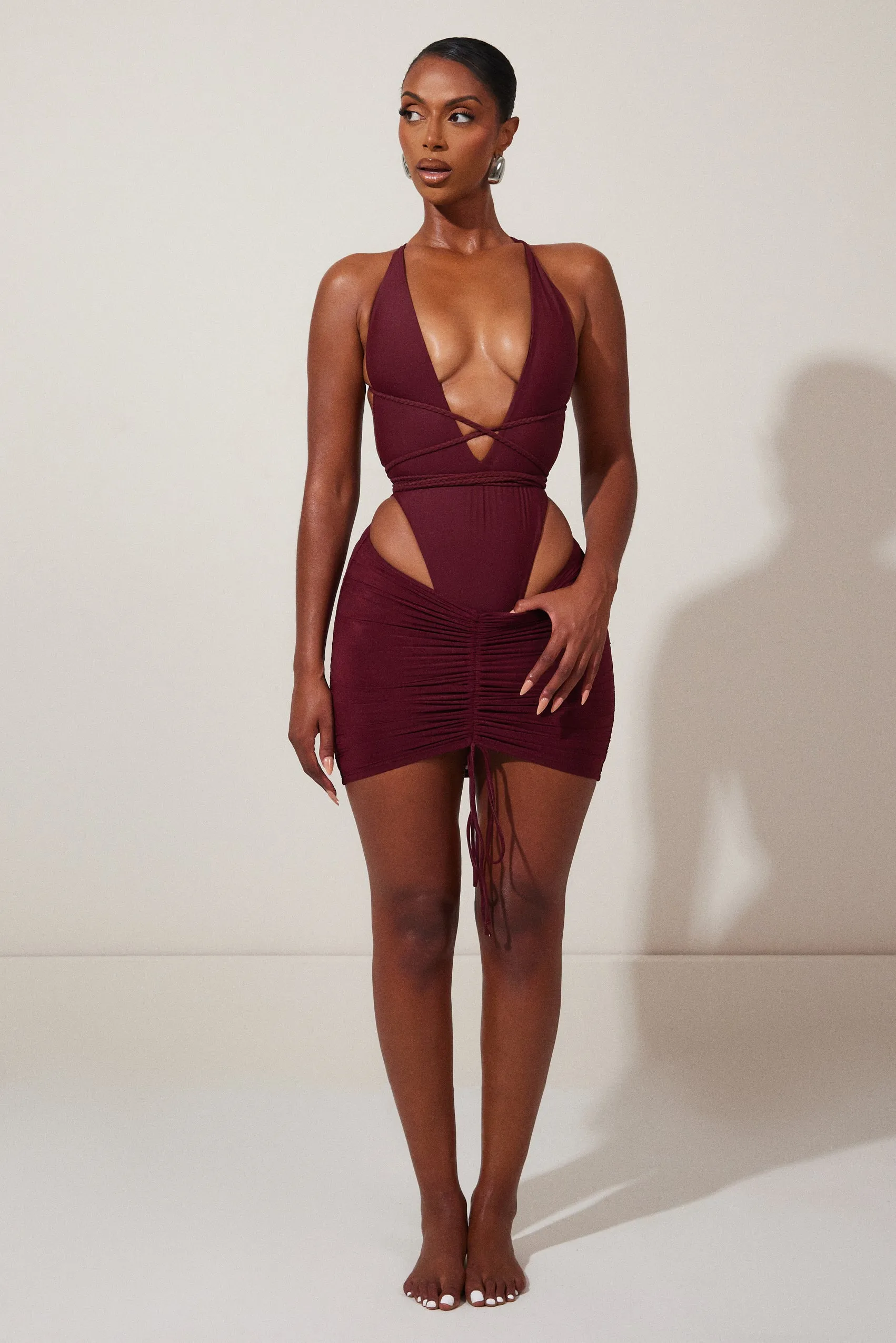Mesh Ruched Coverup Skirt - Wine