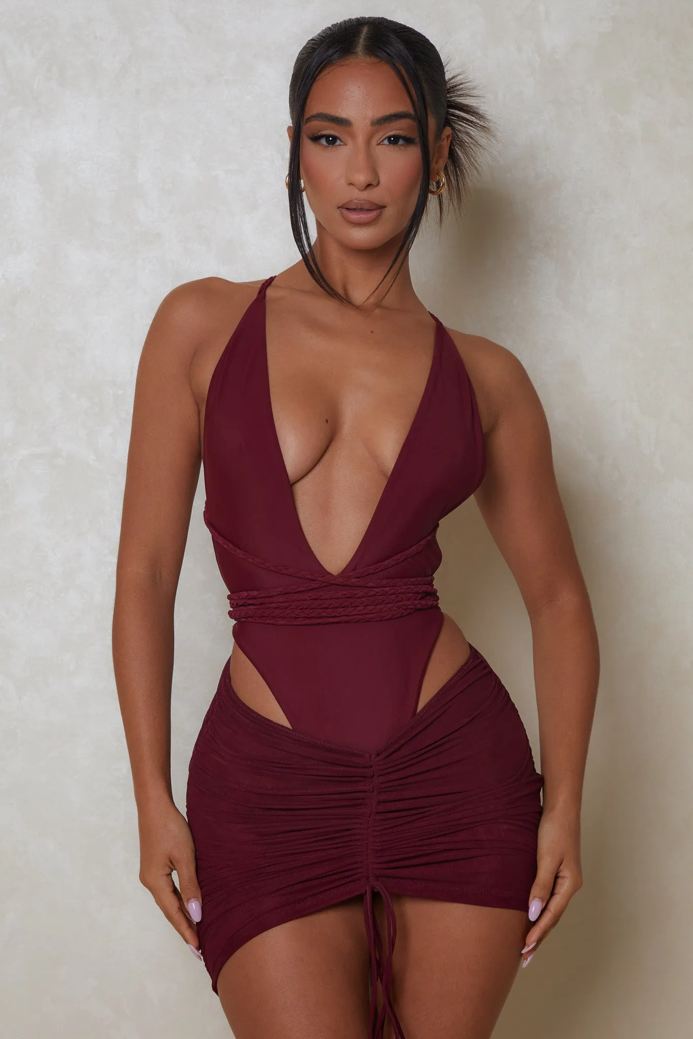 Mesh Ruched Coverup Skirt - Wine