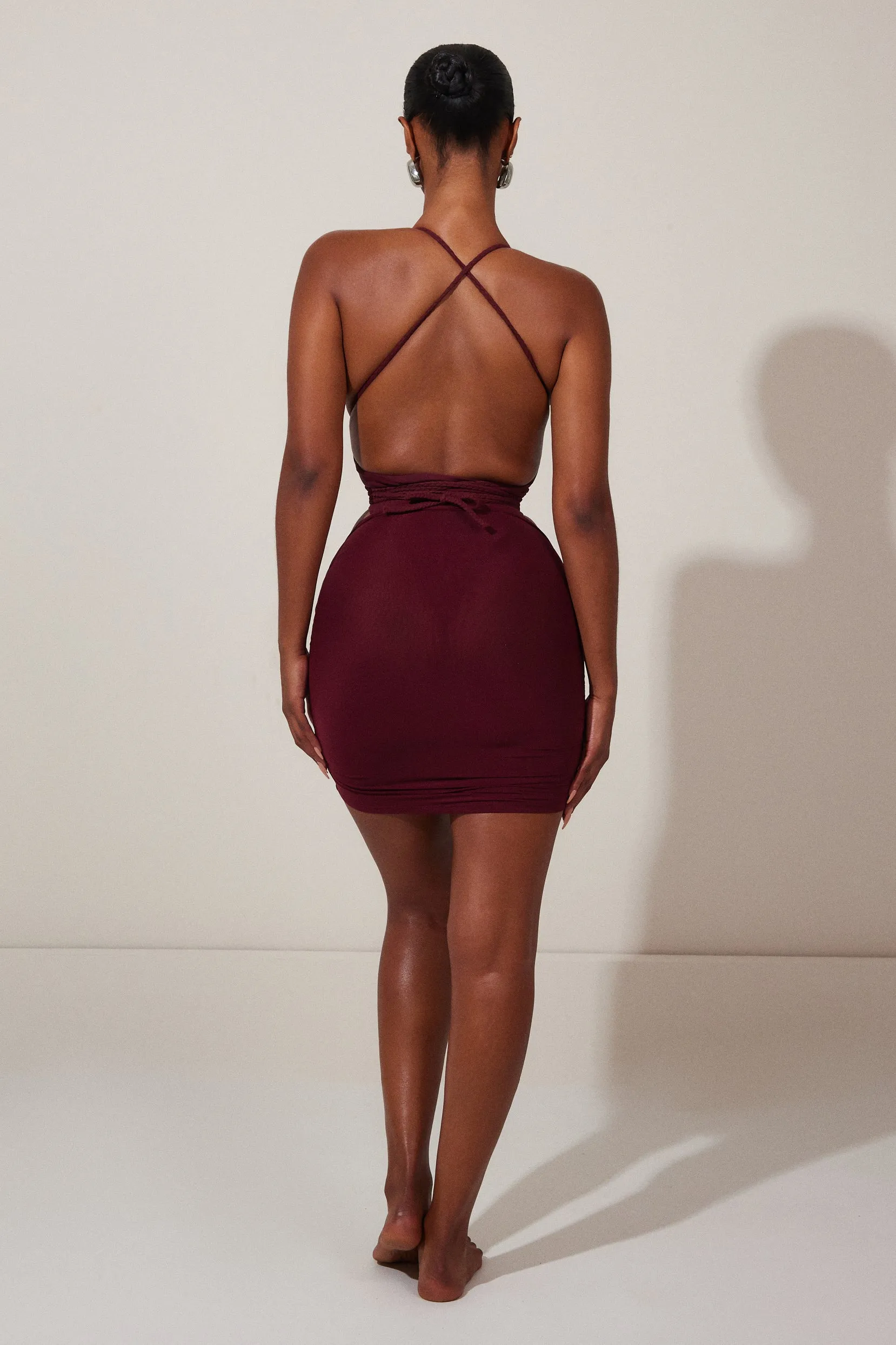 Mesh Ruched Coverup Skirt - Wine