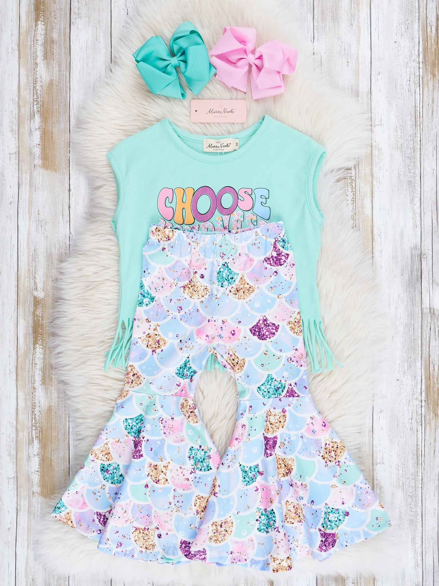 Mint Kindness Fringe Bell Bottoms Outfit