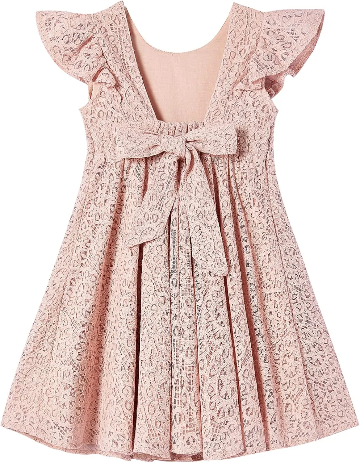 Niyage Backless Toddler Dress Open Back Girls Lace Bow Tie-Back Pom Pom Flutter Sleeves Party Princess Dresses