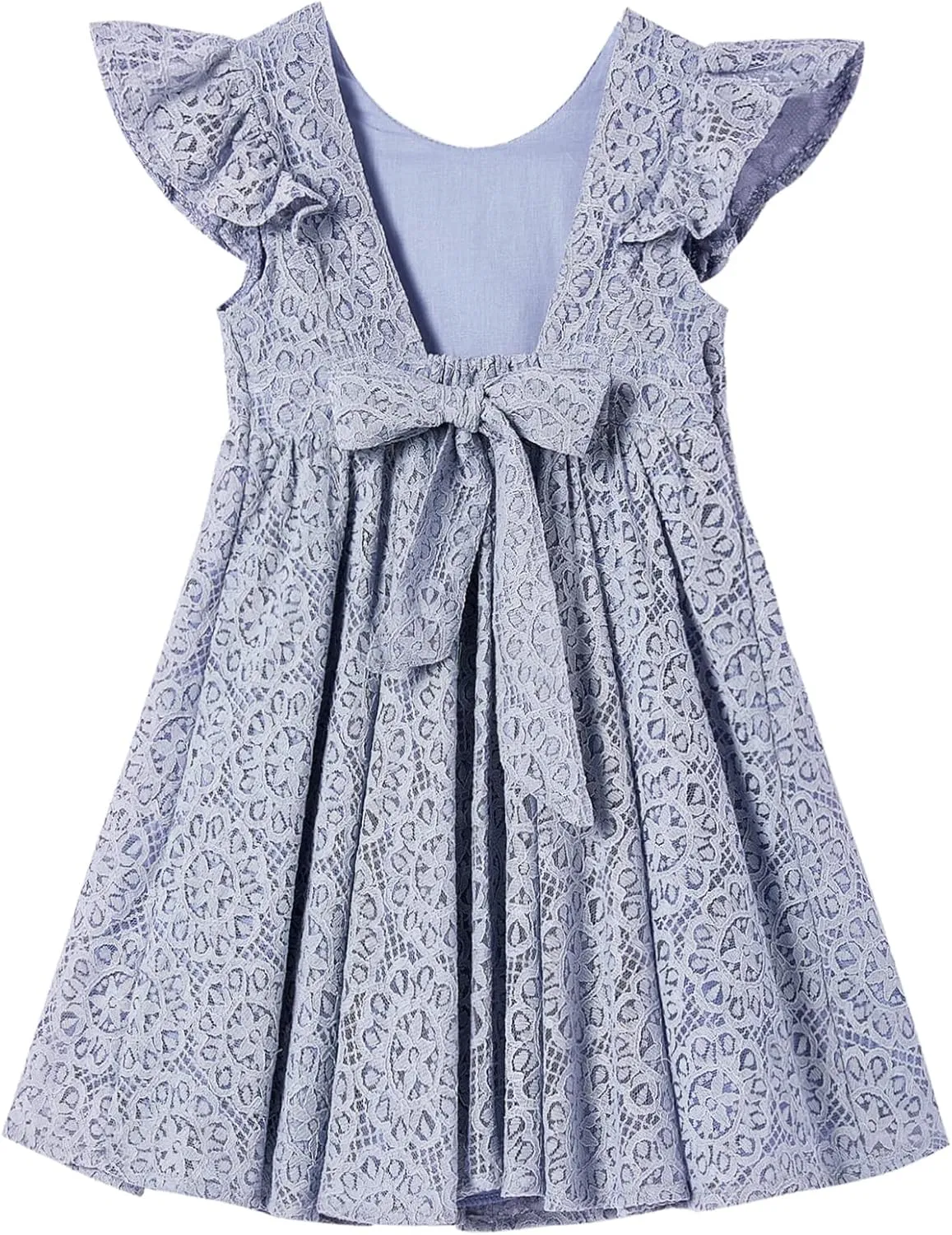 Niyage Backless Toddler Dress Open Back Girls Lace Bow Tie-Back Pom Pom Flutter Sleeves Party Princess Dresses