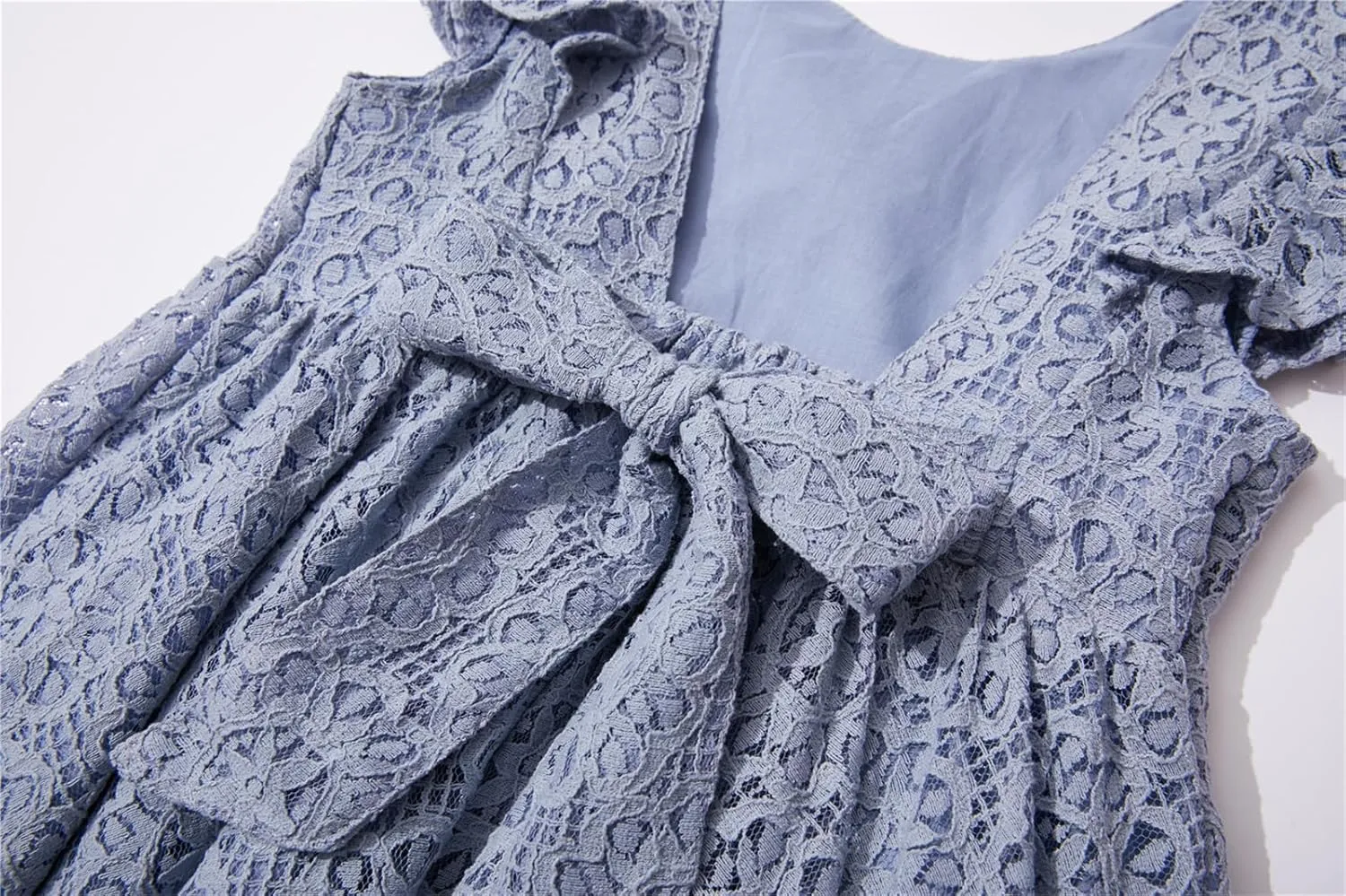 Niyage Backless Toddler Dress Open Back Girls Lace Bow Tie-Back Pom Pom Flutter Sleeves Party Princess Dresses