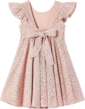 Niyage Backless Toddler Dress Open Back Girls Lace Bow Tie-Back Pom Pom Flutter Sleeves Party Princess Dresses