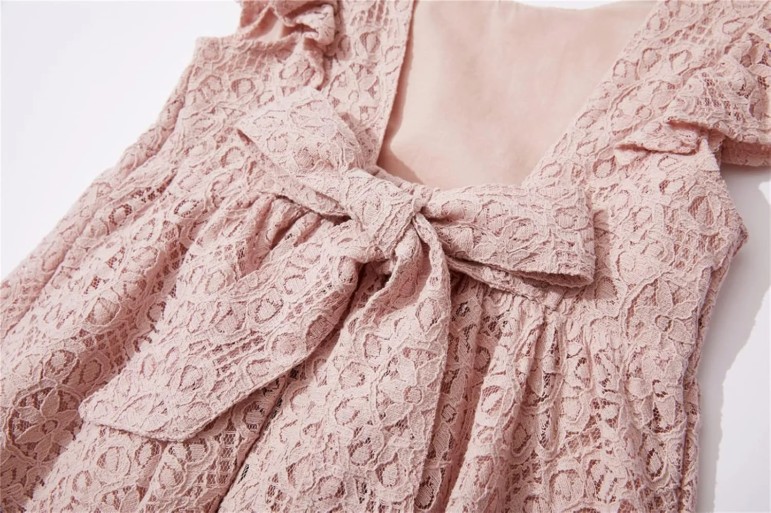 Niyage Backless Toddler Dress Open Back Girls Lace Bow Tie-Back Pom Pom Flutter Sleeves Party Princess Dresses