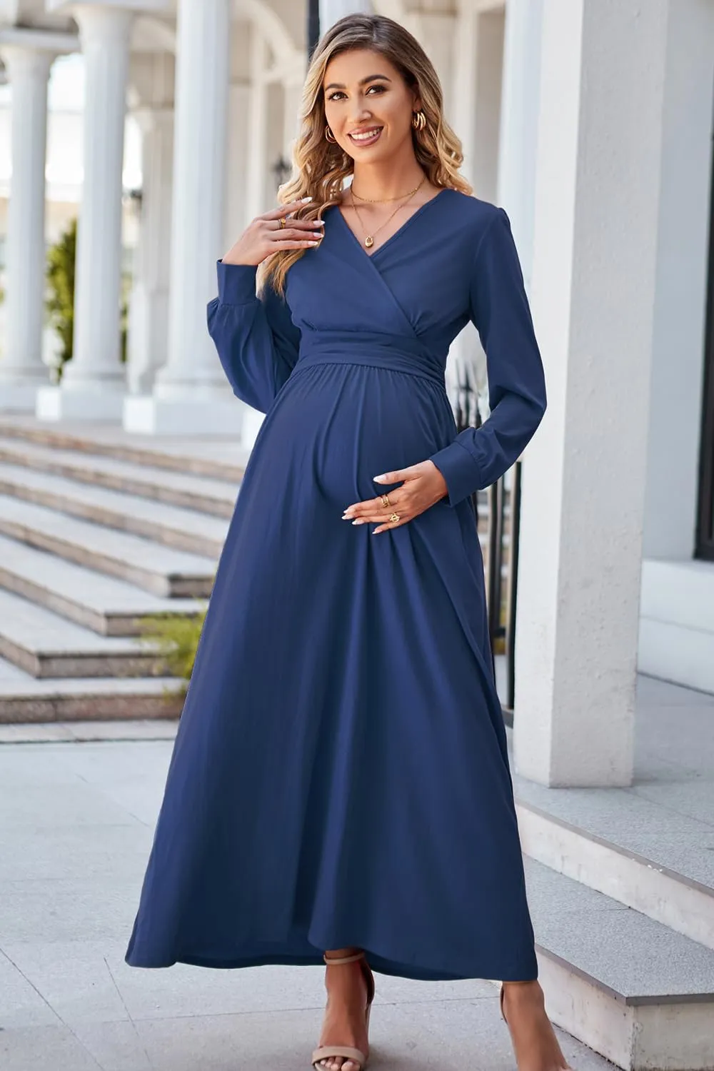 OUGES Fall Maternity Maxi Dress Long Sleeve Wrap V Neck Baby Shower Pregnancy Dresses for Photoshoot Maternity Clothes