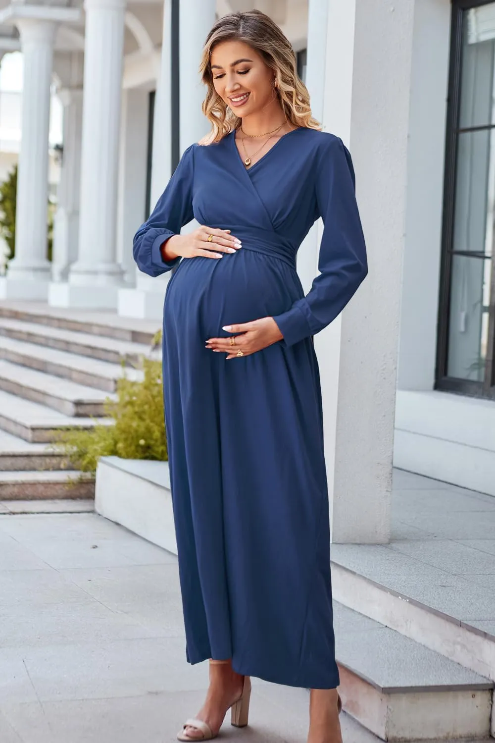 OUGES Fall Maternity Maxi Dress Long Sleeve Wrap V Neck Baby Shower Pregnancy Dresses for Photoshoot Maternity Clothes