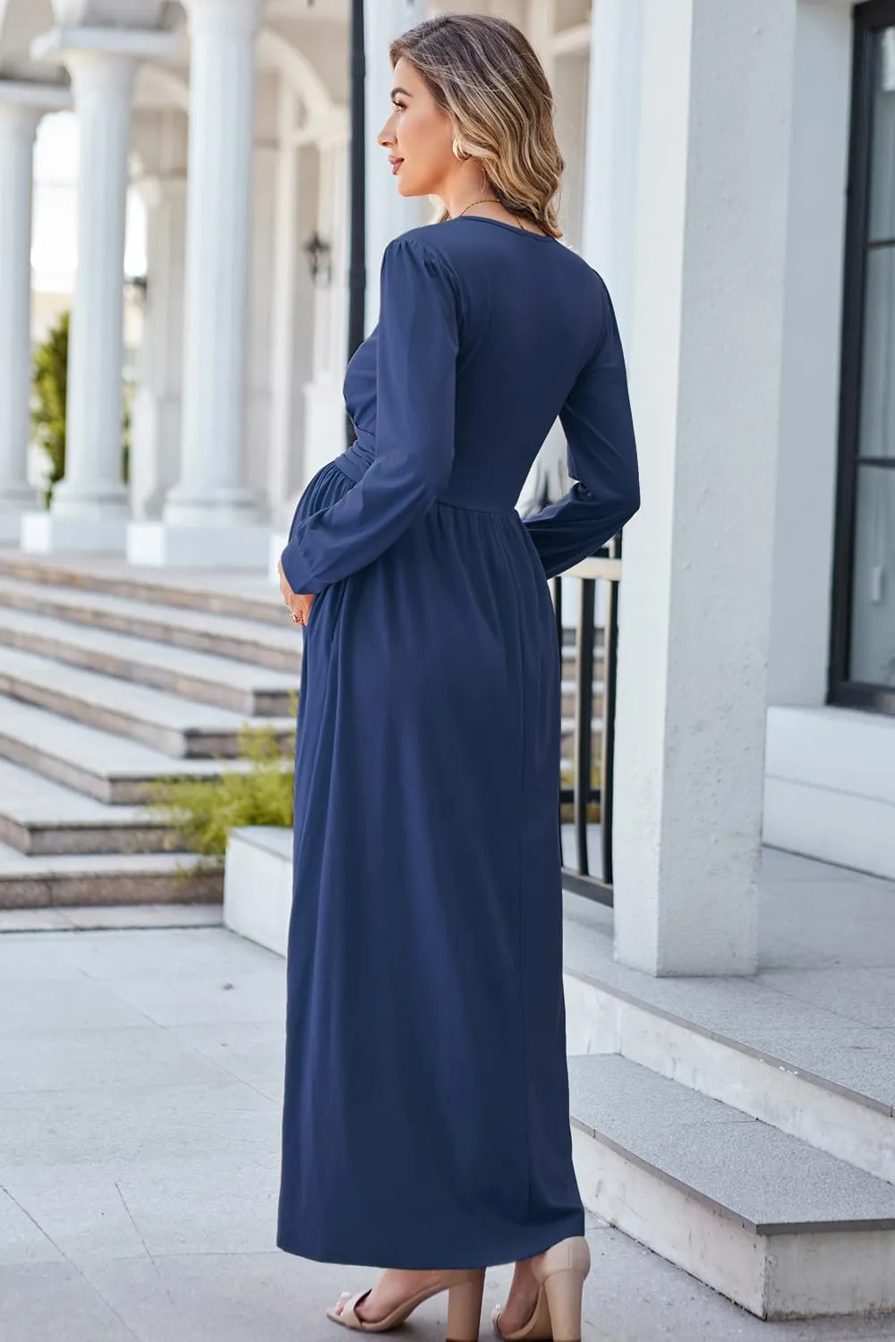 OUGES Fall Maternity Maxi Dress Long Sleeve Wrap V Neck Baby Shower Pregnancy Dresses for Photoshoot Maternity Clothes