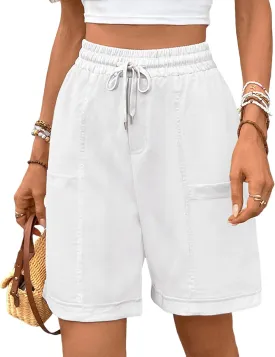 Oymyakon Women's Casual Cotton Shorts Summer Drawstring Elastic Waist Beach Shorts Comfy Pull On Shorts with Pockets