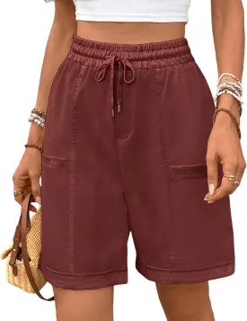 Oymyakon Women's Casual Cotton Shorts Summer Drawstring Elastic Waist Beach Shorts Comfy Pull On Shorts with Pockets
