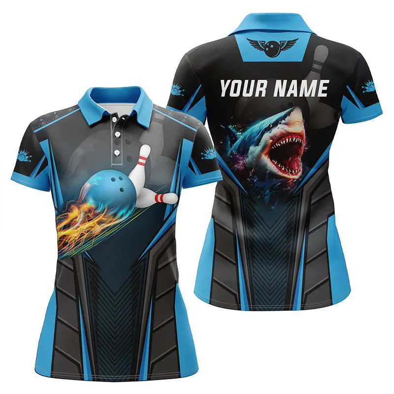 Personalized Bowling Shirt For Women Custom Shark Team Blue Bowling Ball Bowling Sleeveless Polo Shirt