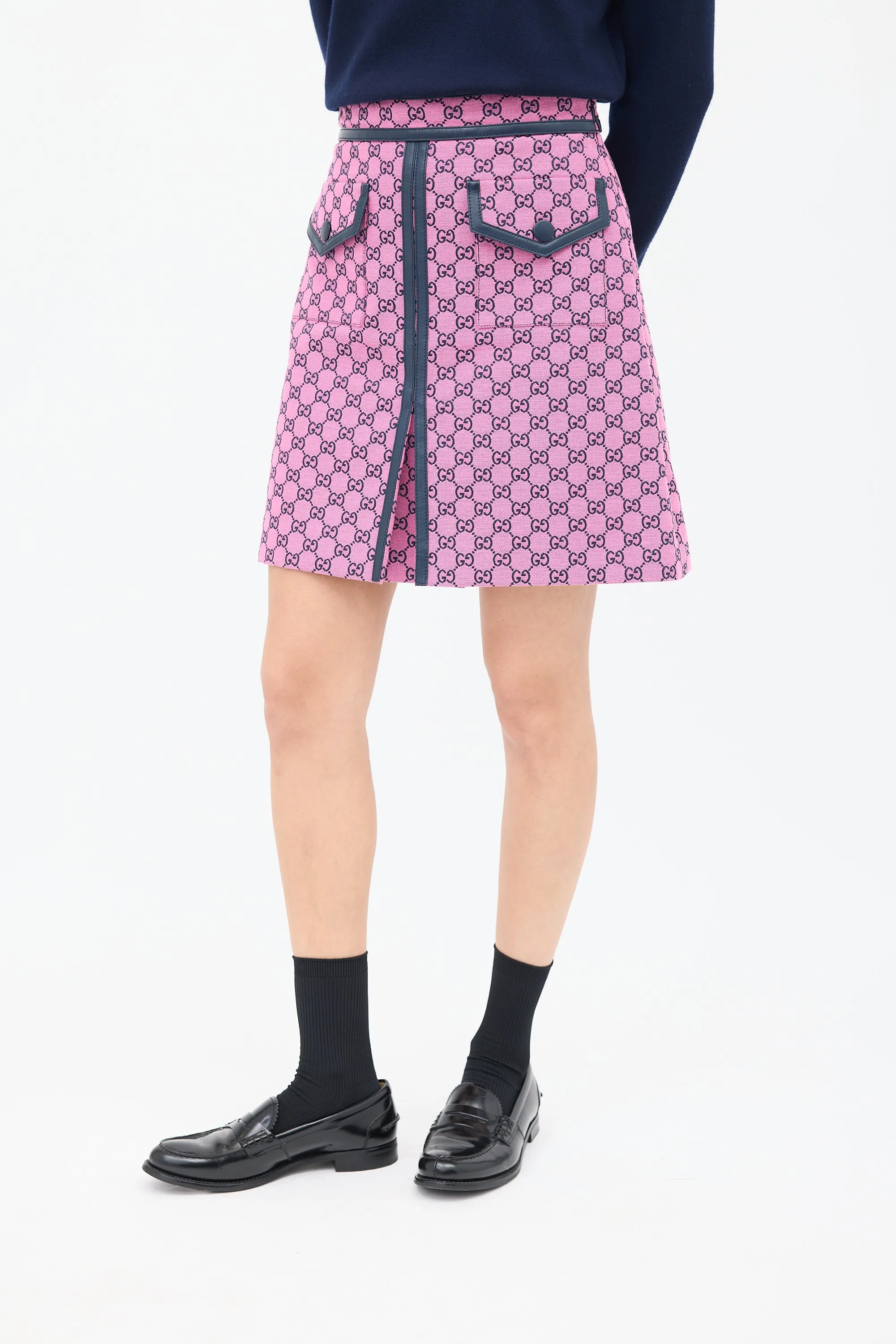 Pink & Black Cotton GG Box Pleated Skirt