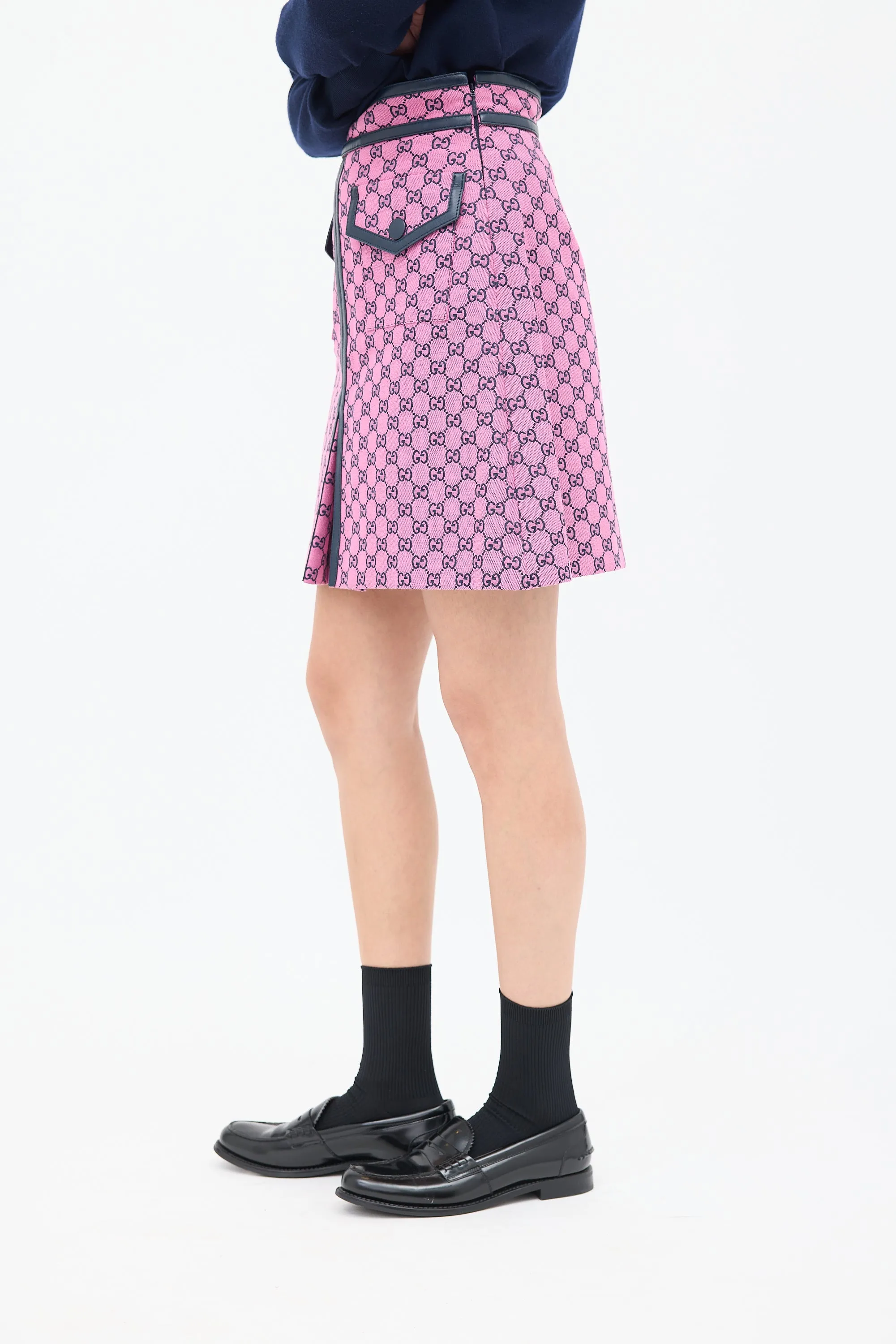 Pink & Black Cotton GG Box Pleated Skirt