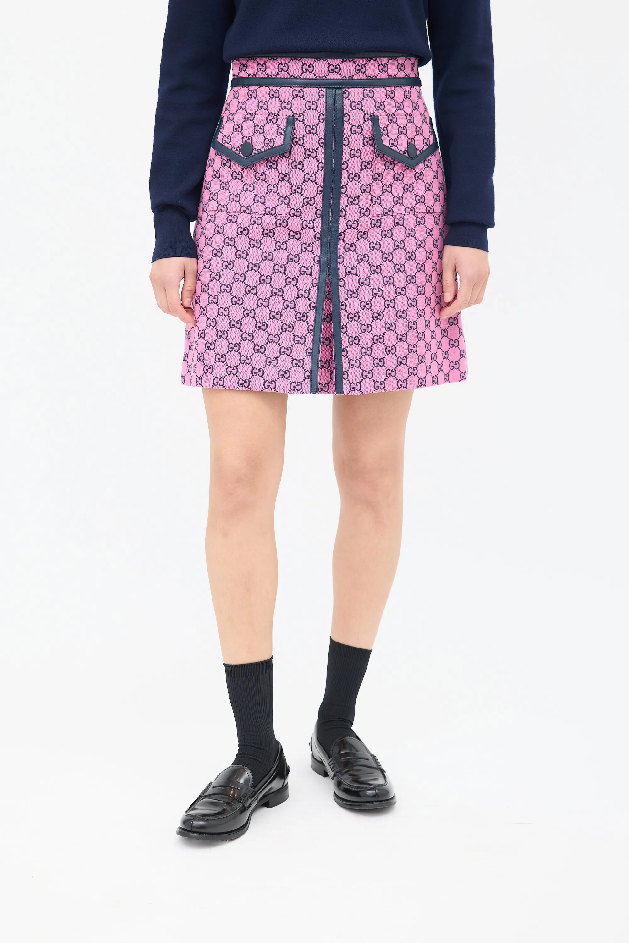Pink & Black Cotton GG Box Pleated Skirt