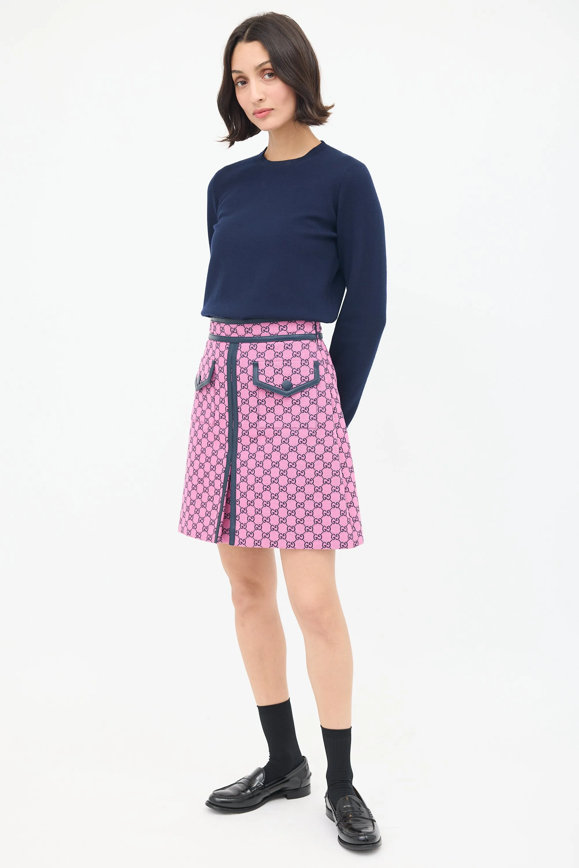 Pink & Black Cotton GG Box Pleated Skirt