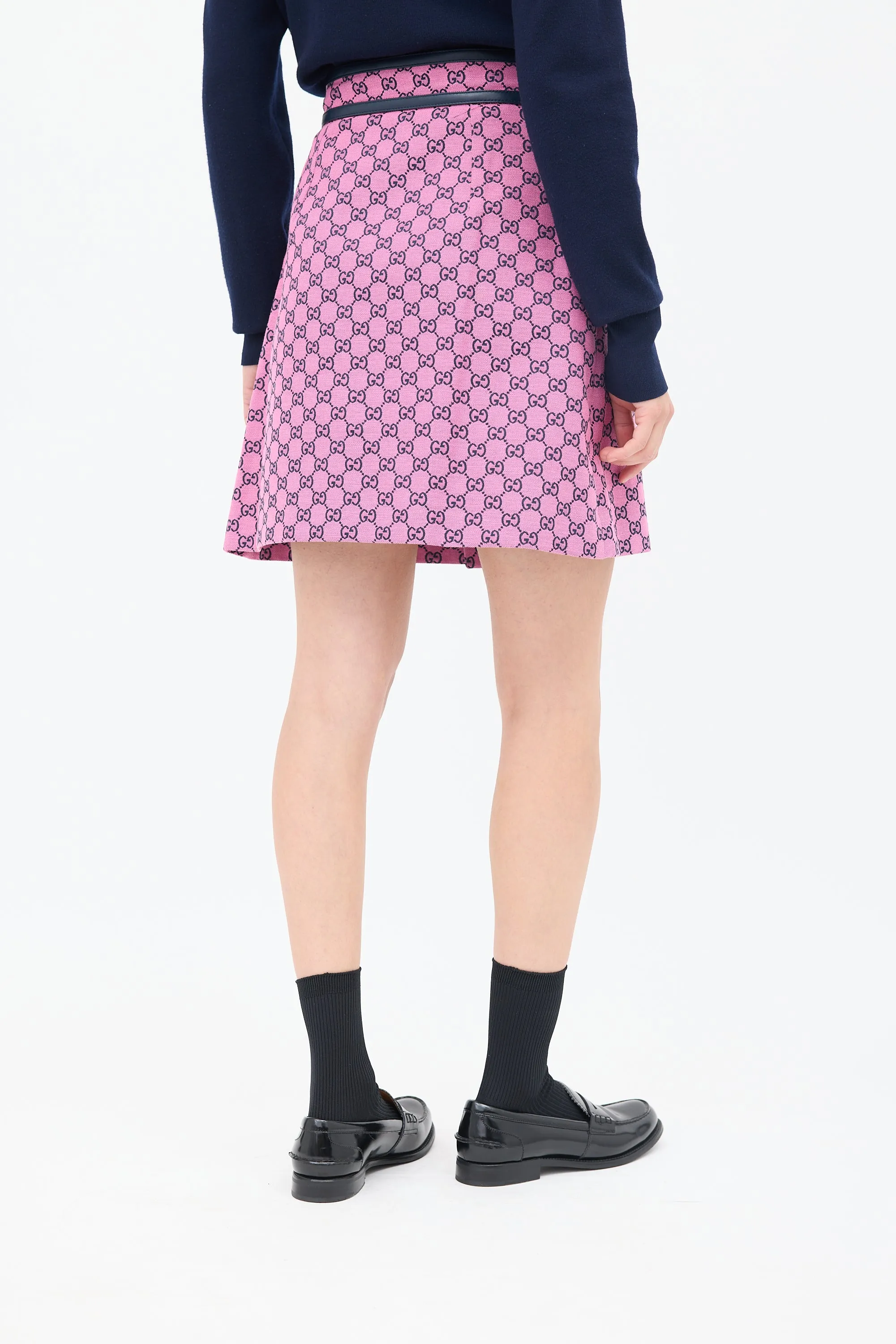 Pink & Black Cotton GG Box Pleated Skirt