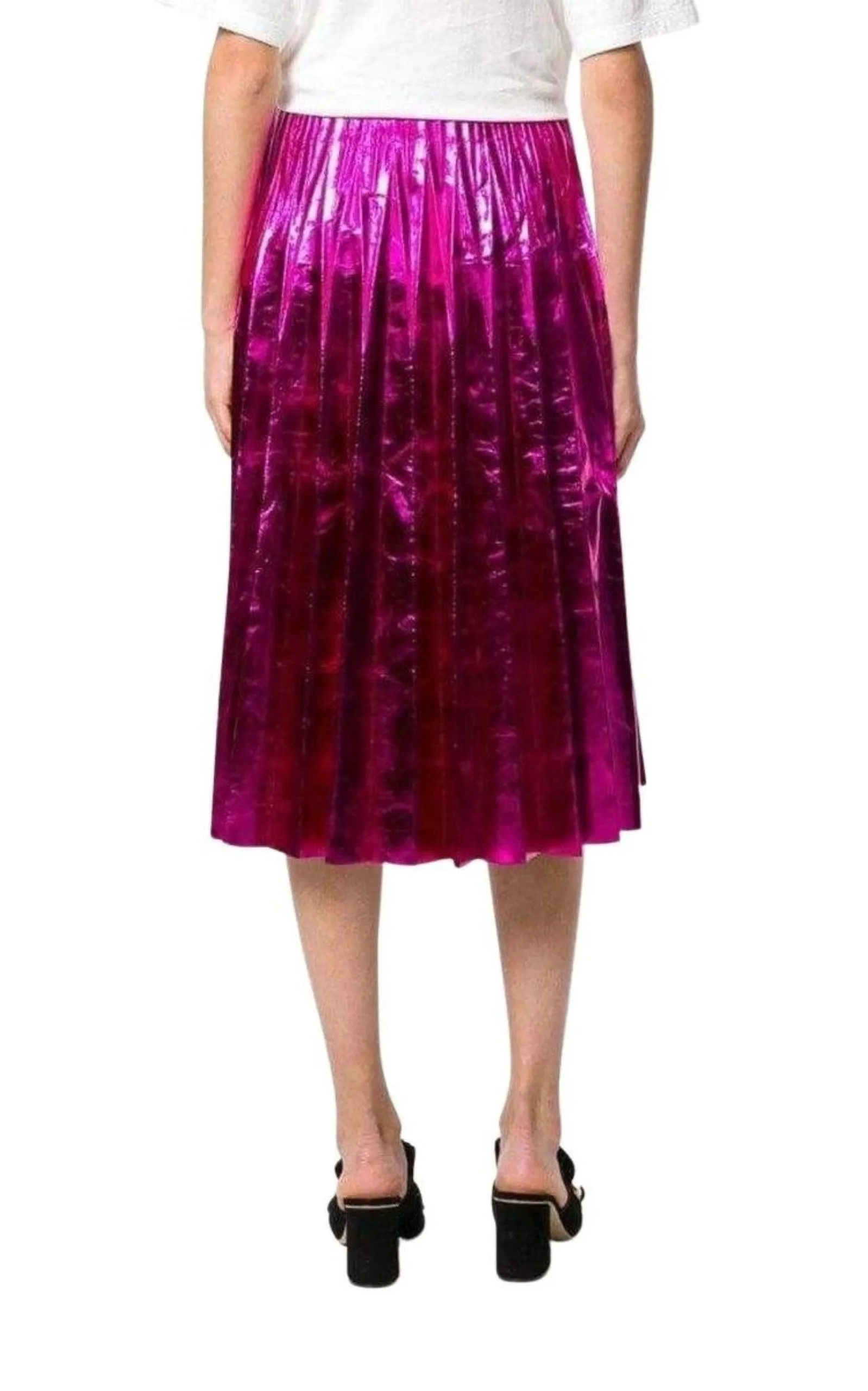 Pleated Metallic Leather Midi Skirt