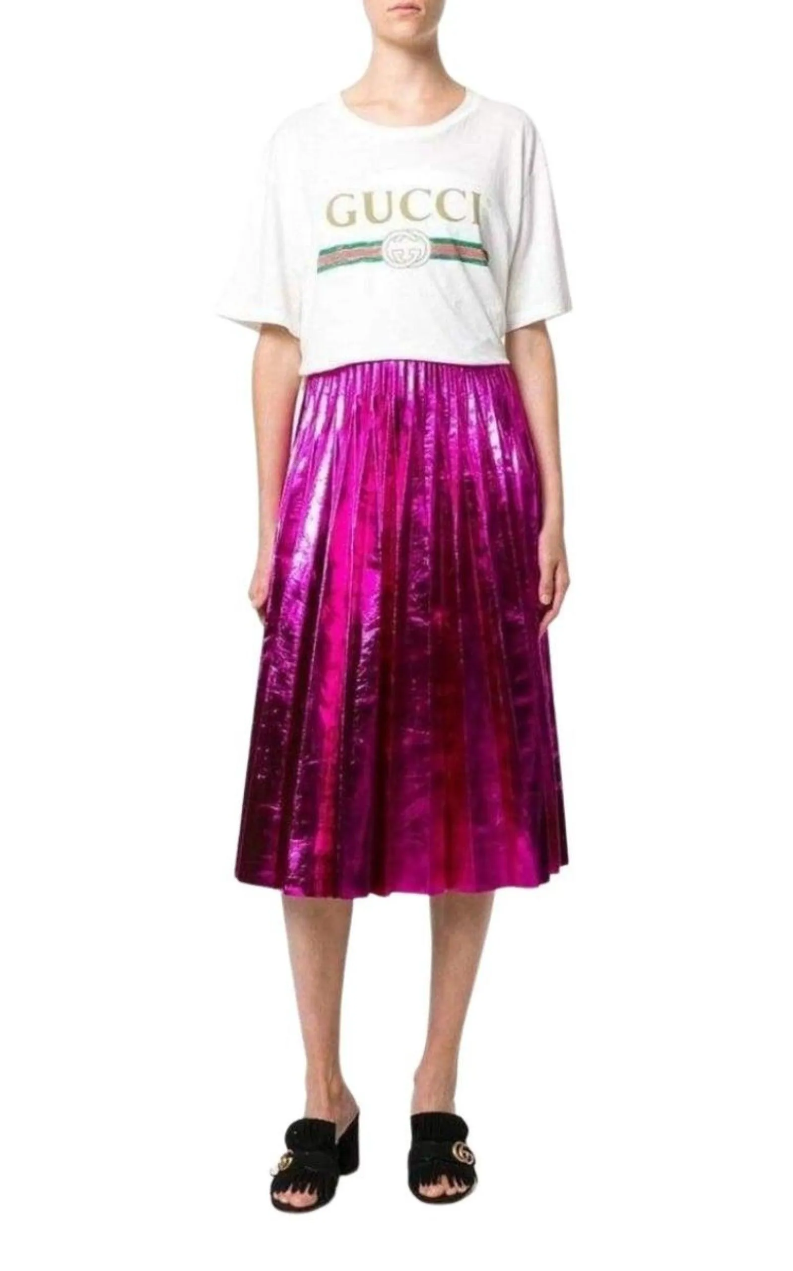 Pleated Metallic Leather Midi Skirt