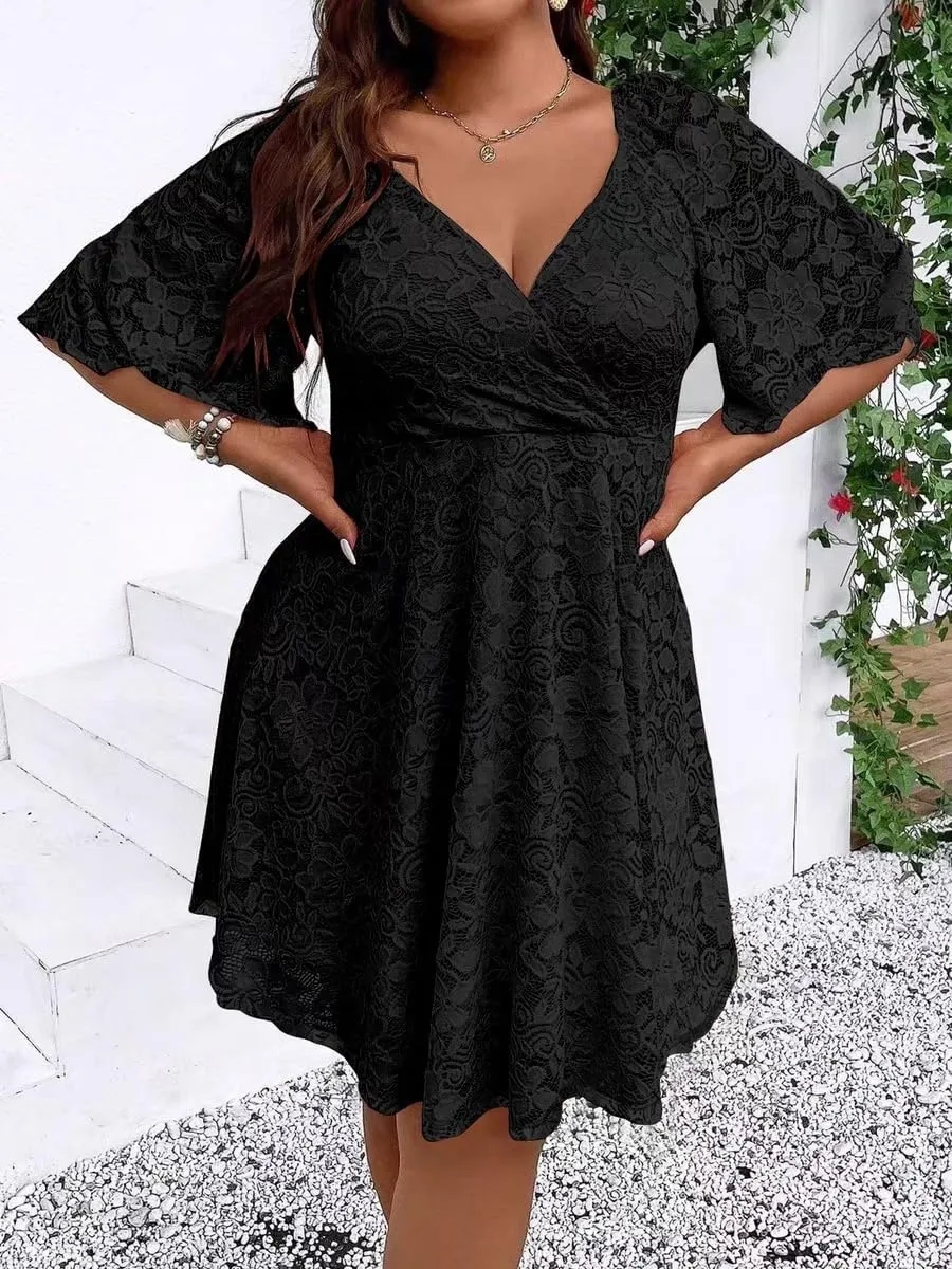 Plus Size Cap Sleeves Long Sleeves V Neck Sequins Skater Cocktail Club Dress
