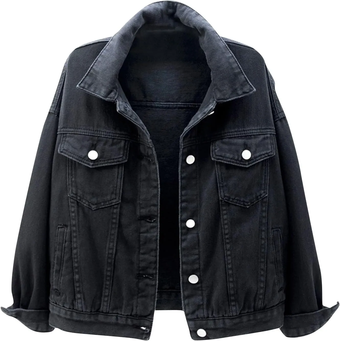 Plus Size Denim Jacket for Women Trendy Long Sleeve Cropped Jean Jacket Lightweight Colored Trucker Coat with Pockets