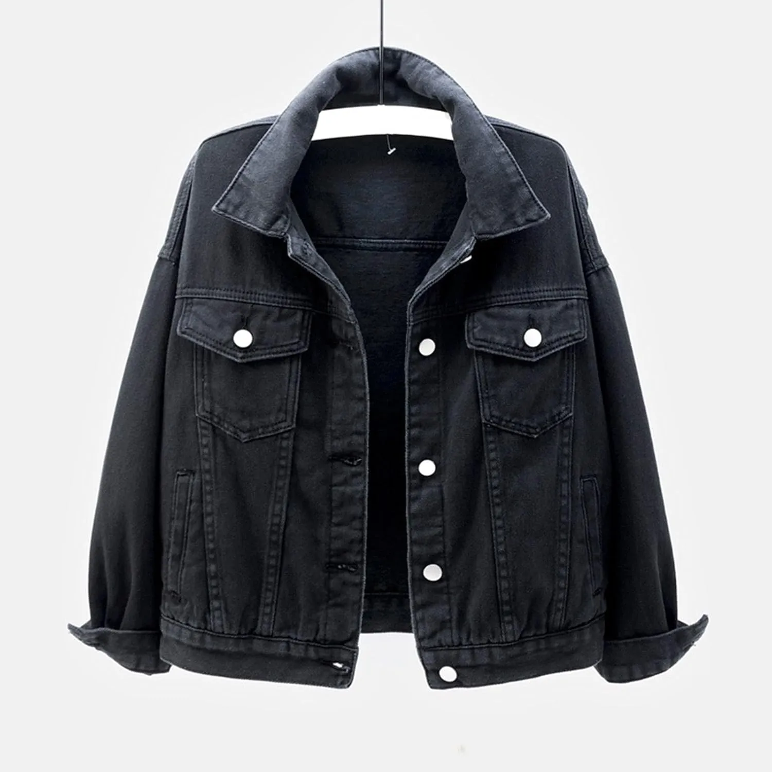 Plus Size Denim Jacket for Women Trendy Long Sleeve Cropped Jean Jacket Lightweight Colored Trucker Coat with Pockets