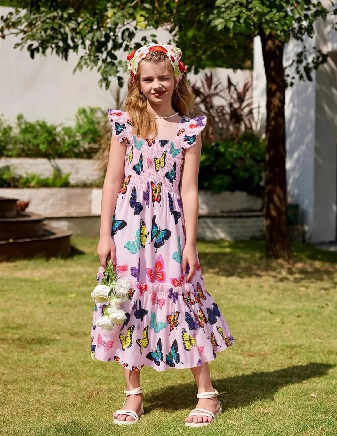 RETSUGO Little Girls Dresses Flutter Sleeve Casual Birthday Party Dress Toddler Kids Swing Twirly Summer Sundress 1-8 Years